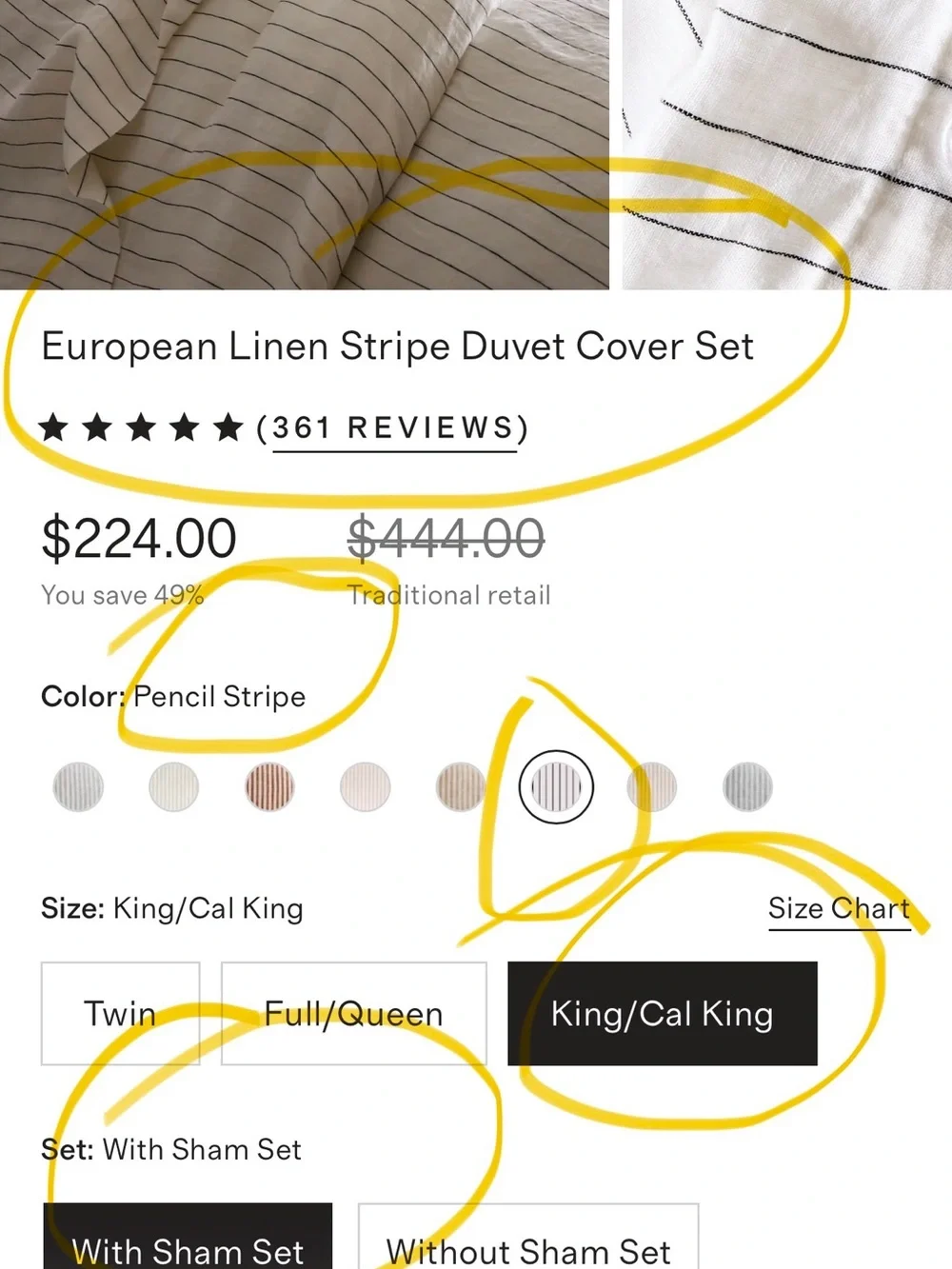 NEW Quince KING Pencil Stripe European Linen Stripe Duvet Cover SET $224